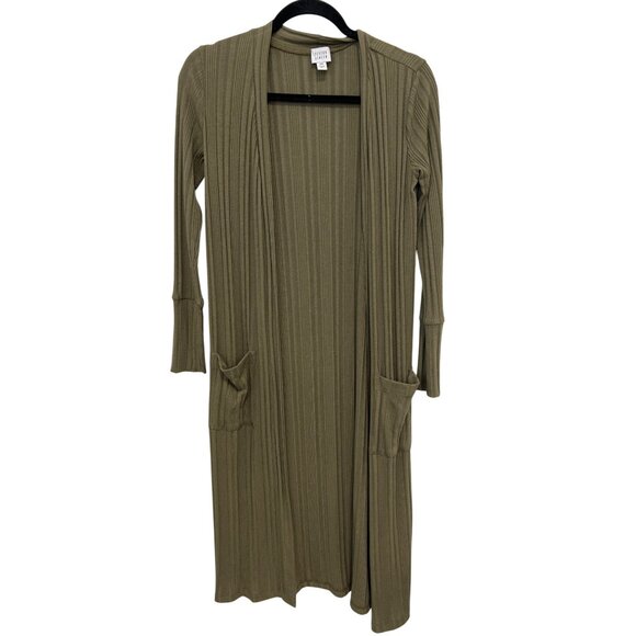 Peyton Jensen Ribbed Duster Cardigan Size XS Open Front Long Sleeve Olive Green - Picture 1 of 7